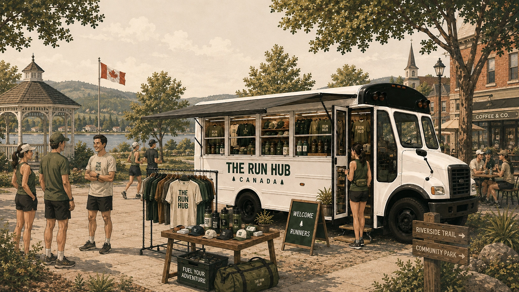 Concept illustration of The Run Hub Canada mobile running store at a community stop in Ontario.